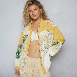 POL Balloon Sleeve Double Gauze Floral Button Front Shirt